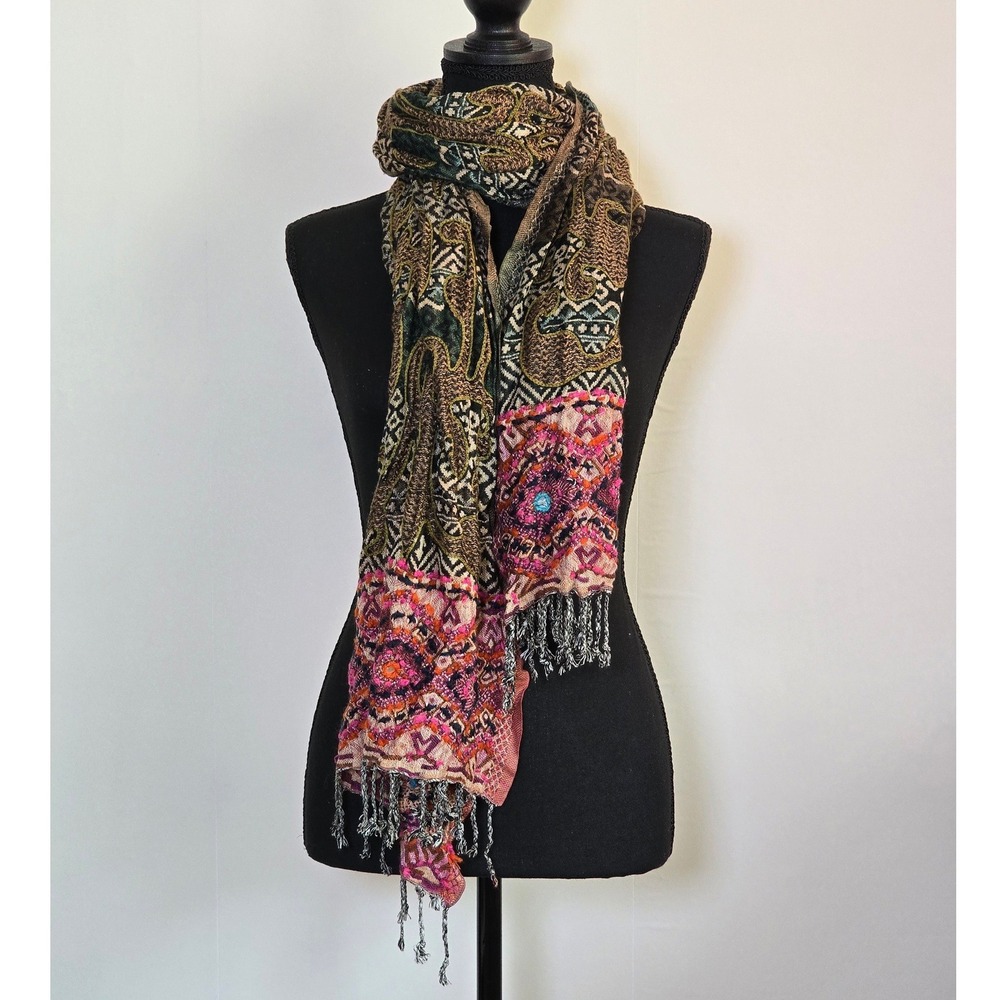 Boho Embroidered Fringe Scarf Wrap Shawl Pink Teal Paisley Festival statement